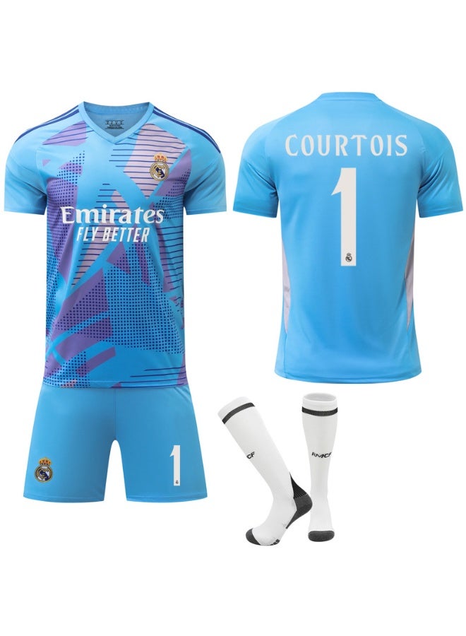 Real Madrid 2024-2025 season #1 COURTOIS Real Madrid football jersey shorts socks set children's size and adult size, a gift for fans and friends - Image 1